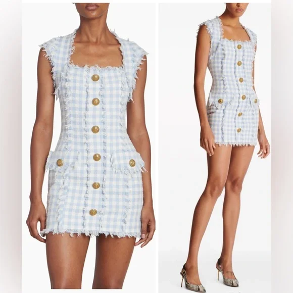 BALMAIN Blue & White Frayed gingham cotton-blend tweed Mini Dress FR36